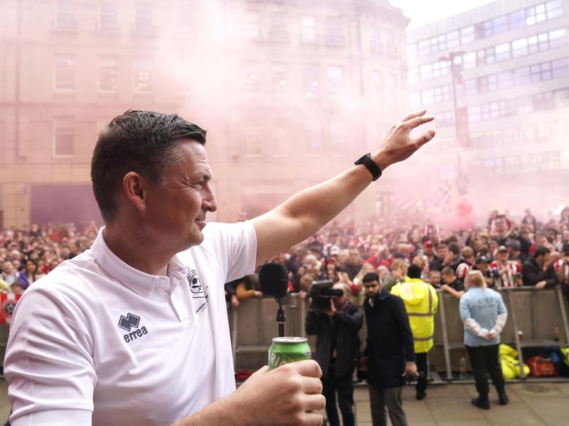Sheffield United's players celebrate their promotion to the Premier League
