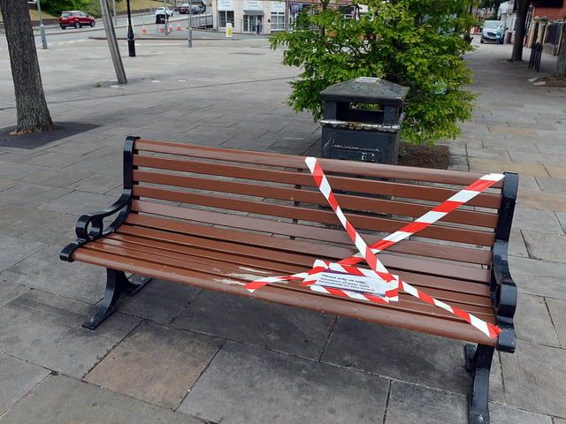 Mansfield Town centre 10 weeks into lockdown. Signs going up in preparation for more lockdown easing on Monday June 15th.