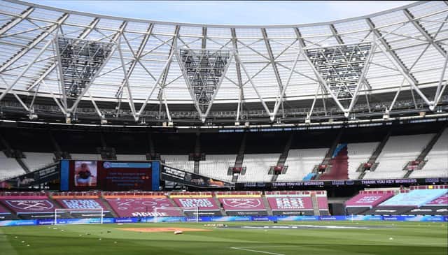 A general view of the stadium ahead of the English Premier League football match between West Ham United and Aston Villa at The London Stadium, in east London on July 26, 2020.