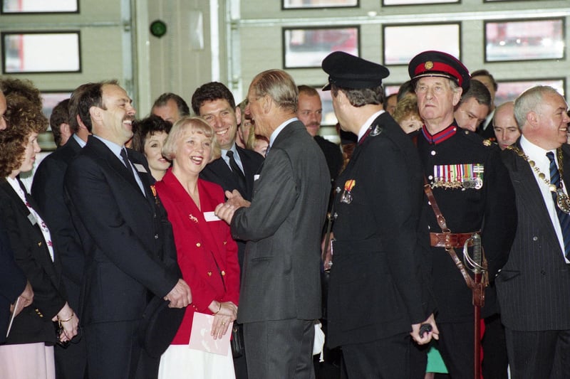 A happy moment shared by the Duke of Edinburgh and the control room staff at Sunderland Fire Station in May 1993.