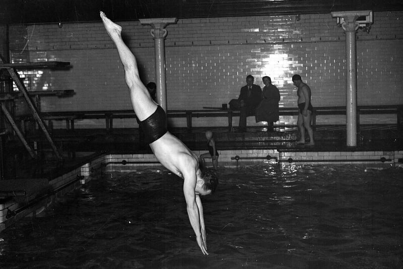 Olympian Peter Heatly trains at Portobello Indoor Baths in 1956.