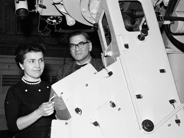 Russian space scientist Professor Alla Massevitch examines the telescope at the Blackford Hill Observatory with Prof LA Buick.