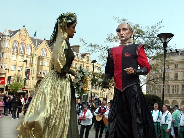 Sheffield's Catalan giants, taking part in the day of dance to celebrate St George's Day. St George is also the patron saint of Catalonia in Spain.