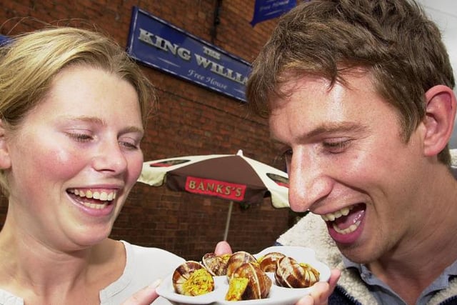 Snails are on the menu for farmer John Durdy back in 2001 at the The King William Pub. Samantha Burnell also photographed.
