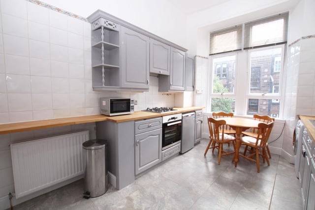 This bright and airy three-bedroom flat is on the third floor of factored tenement in north Kelvinside. It has a large reception hallway, bay-windowed living room, hardwood floor, spacious kitchen with breakfasting table and chairs, three large double bedrooms and a newly decorated bathroom. It is for rent through Western Lettings, listed on Rightmove.