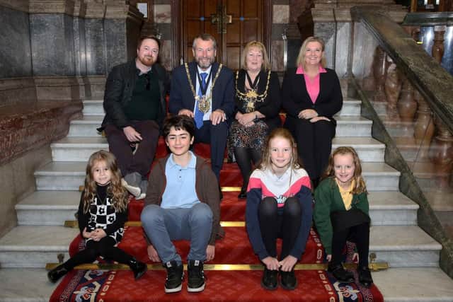 Top row left to right: Artist Alan Pennington, Lord Mayor, Councillor Colin Ross, Lady Mayoress, Susan Ross, Graysons partner Caroline Murray line up with this year’s winners.