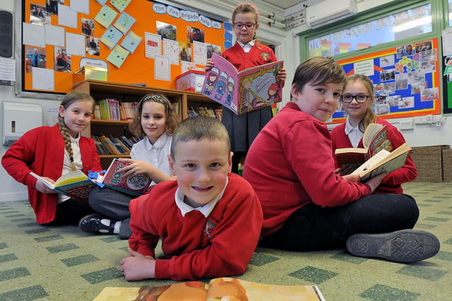 Hutton Henry Primary school pupils (left to right) Ellie Davis, Eve Mutton, Ralphie Pond, Pippa Hutchinson, Jackson Roberts and Beth Teahen reading their books during World Book Day 6 years ago.