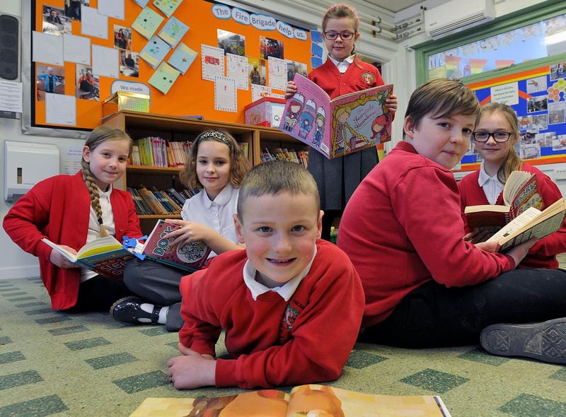 Hutton Henry Primary school pupils (left to right) Ellie Davis, Eve Mutton, Ralphie Pond, Pippa Hutchinson, Jackson Roberts and Beth Teahen reading their books during World Book Day 6 years ago.