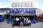 (Back to front, left to right) Mark Allen, Anthony McGill, Luca Brecel, Shaun Murphy, Neil Robertson, Barry Hawkins, Stuart Bingham, Yan Bingtao, Mark Williams, John Higgins, Ronnie O'Sullivan, Mark Selby, Kyren Wilson and Zhao Xinong during the media day at The Crucible.