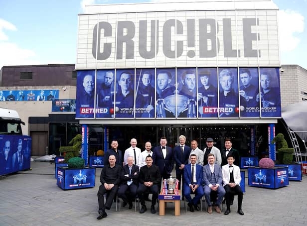 (Back to front, left to right) Mark Allen, Anthony McGill, Luca Brecel, Shaun Murphy, Neil Robertson, Barry Hawkins, Stuart Bingham, Yan Bingtao, Mark Williams, John Higgins, Ronnie O'Sullivan, Mark Selby, Kyren Wilson and Zhao Xinong during the media day at The Crucible.