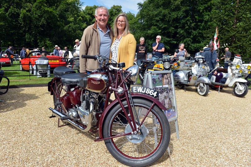John and Jackie Cotterill with their 1938 Triumph speed twin motorbike.