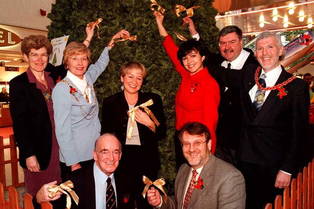 At the launch of the St. John's Hospice 'Memory Tree' in the Frenchgate Centre back in 1998 were L-R Christine Carlin, Mayoress of Hatfield, Doncaster Mayor Yvonne Woodcock, Lord Walker, President of Hospice, Rosie Winterton MP, Caroline Flint MP, Kevin Hughes MP, Jeff Ennis MP & Gary Carlin, Mayor of Hatfield