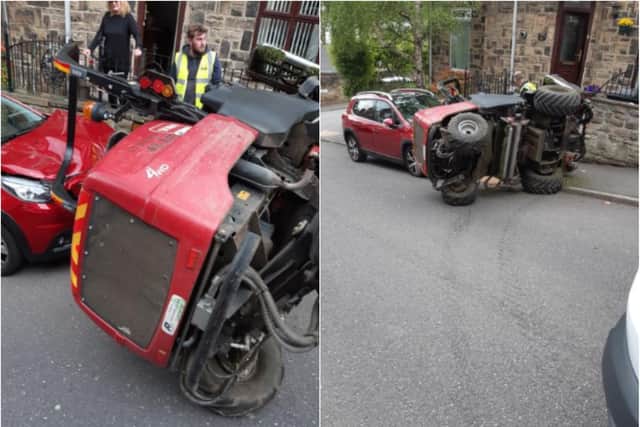 The grass cutter overturned and crushed a car bonnet in Walkley.