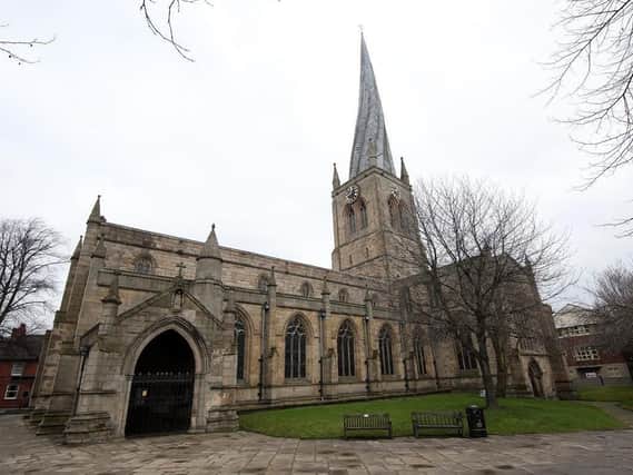 The famous crooked spire on Chesterfield Parish Church is held down by the weight of lead. Ten bells are installed in the base of the spire.