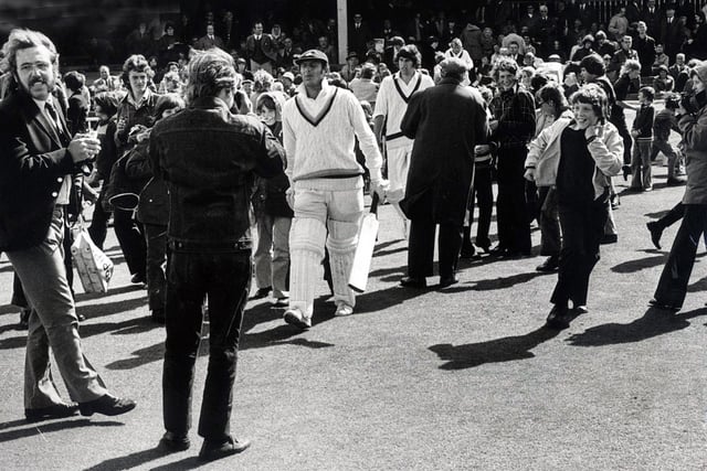 Geoff Boycott and Richard Lumb take to the field for their final innings at Bramall Lane in August 1973.