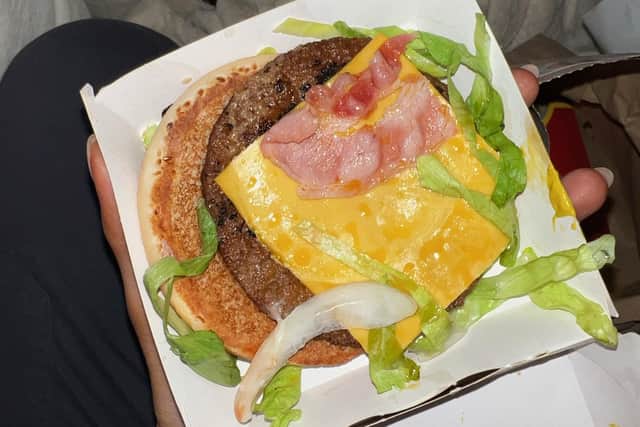 Emelia Hardiman, 25, was shocked to find bacon in her vegan burger.