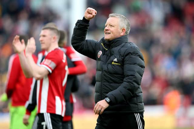 Chris Wilder, manager of Sheffield United, celebrates after his side's 1-0 victory over Norwich City at Bramall Lane. (Photo by Nigel Roddis/Getty Images)
