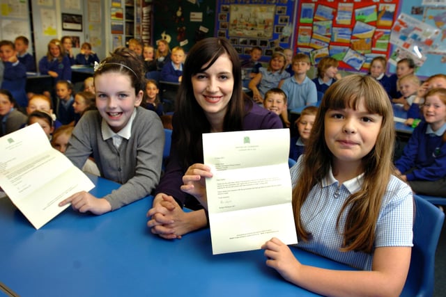 East Herrington Primary school pupils Ellie Davis and Sophie Stott, right, who used their Year 4 literacy lesson on letter writing to write to their MP Bridget Phillipson who delivered her replies personally in 2012.