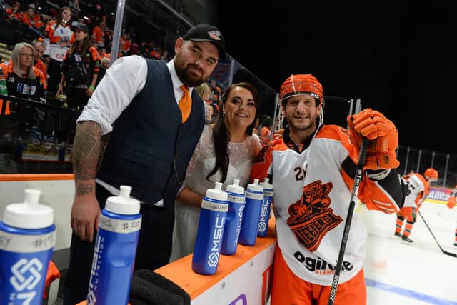 Emily and Joshua Hurst were married on Saturday and six hours later were at Sheffield Arena for the match against Coventry Blaze. Picture: Dean Woolley