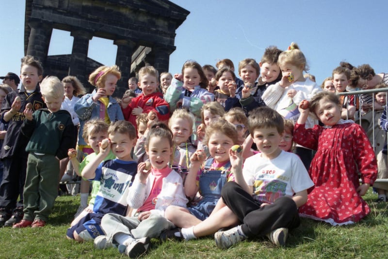 Some of the children who took part in the Penshaw egg-rolling contest in 1995. Is there someone you know in this photo?