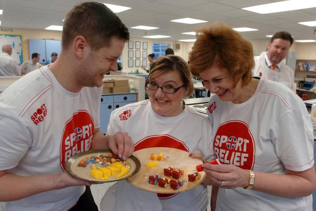 Staff at Seaham School took part in  a Bake Off in aid of Sports Relief 10 years ago and here are Andrew Green, Paula Lowerson Marshall and Susan Doneghan.