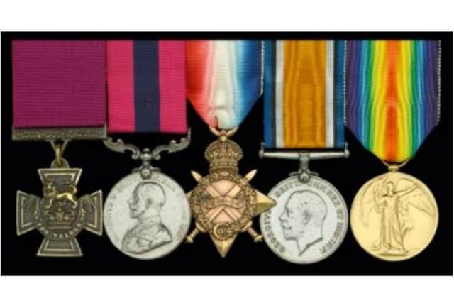 Sgt Arnold Loosemore's medals. The Victoria Cross, Distinguished Conduct Medal, the1914-15 star, the British War Medal WW1, and the WW1 Victory medal. Photo: The Noonans auctioneers