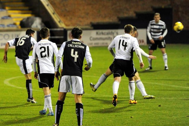 Joel Coustrain scores for Raith in a 1-1 draw at home in November 2016.