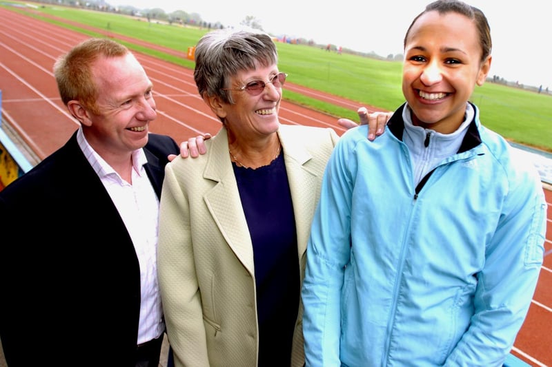 Three generations of local eminent athletes launched an Olympic Youth Performance programme at the Yorkshire AAA Championships at the Dorothy Hyman Stadium in Cudworth, Barnsley in 2006. Pictured are runner Peter Elliott, who won Olympic silver for the 1500 metres in 1988, 1960 Olympics silver 100-metre runner Dorothy Hyman, who also won Olympic bronze twice, and Jessica Ennis