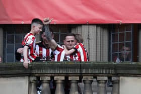 Billy Sharp gives an emotional speech to Sheffield United fans during the club's promotion parade: Darren Staples / Sportimage