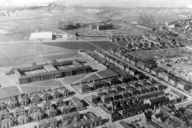 The gas works can be seen in the background with Dyke House School also prominent in this Hartlepool aerial photo. The white building is Price Tailors, which was the first factory on the trading estate. Photo: Hartlepool Library Service.