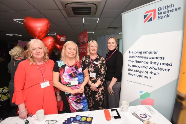 International Women's Day business event at Preston North End organised by Pink Link. Gillian Seville, Maria Ramsdale, Sue Barnard and Alison Powell from Northern Powerhouse Investment Fund