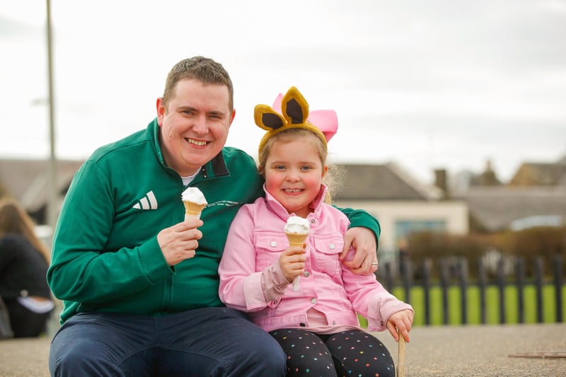 Local resident Steven Walker and his wee girl Sophia Rose, six, having an ice cream. The next date for restrictions easing further will be 5 April when outdoor contact sport for 12 to 17 year olds will be permitted and non-essential ‘click and collect’ retail can reopen.