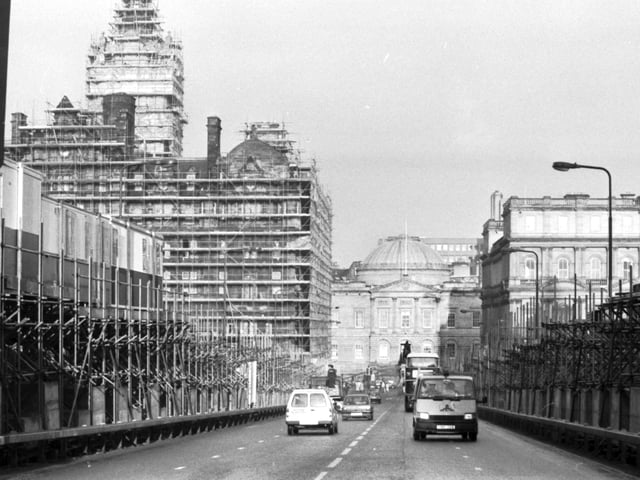 Scaffolding covers almost all of Edinburgh's North Bridge, including the Balmoral hotel in January 1990.