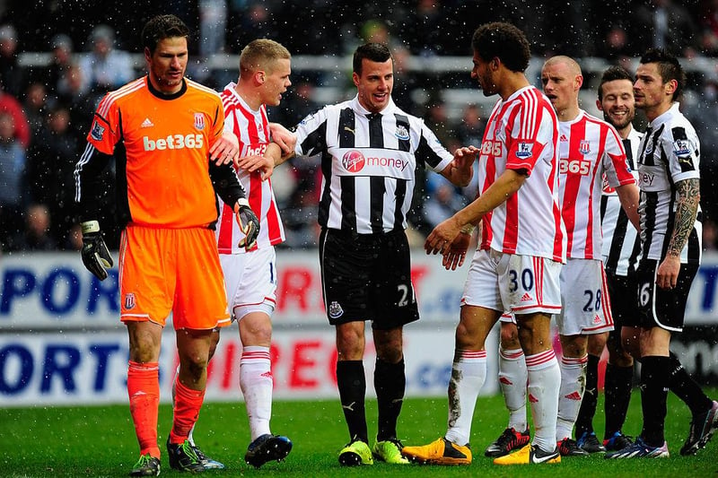 One of the videos that has stood the test of time from Taylor’s time at Newcastle is his antics in-front of Stoke City goalkeeper Asmir Begovic as Yohan Cabaye lined-up to take a free-kick. By jumping and waving in-front of the goalkeeper seemingly worked as Cabaye buried a lovely free-kick into the top corner. (Photo by Stu Forster/Getty Images)