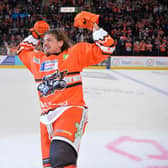 A delighted Marco Vallerand in a Sheffield Steelers jersey