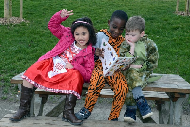 Youngsters at St John Fisher School in Hackenthorpe, Sheffield on World Book Day in 2014. Our picture shows, from left, Arianne Alfonso, Bitanga Kalyata and Francis Needham, all aged eight, in their outfits