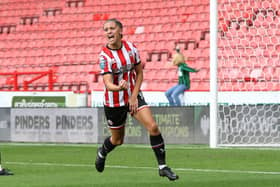 Mia Enderby of Sheffield Utd celebrates scoring the consolation goal during the The FA Women's Championship match at Bramall Lane. Lexy Ilsley / Sportimage
