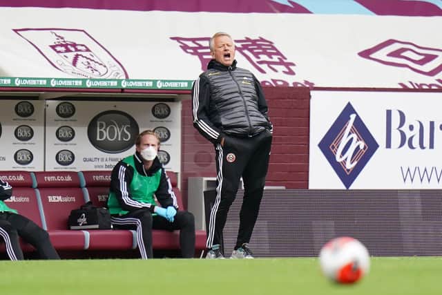 Chris Wilder, Manager of Sheffield United gives his team instructions during the Premier League match between Burnley FC and Sheffield United at Turf Moor on July 05, 2020 in Burnley, England. (Photo by Jon Super/Pool via Getty Images)