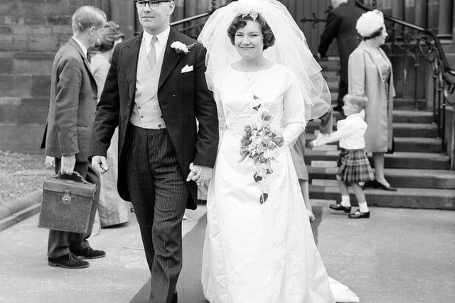 Mr J.G. Davidson and Alison Brown are pictured at their wedding at North Morningside Church in July 1965.