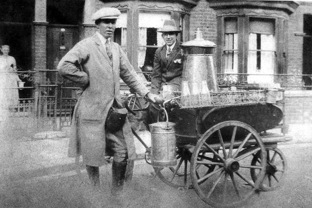 Co-op dairymen at work in Cowper Road, Buckland, Portsmouth
The society first opened its dairy branch in 1913, when there was bitter opposition from private traders leading to fears that the new dairy would be sabotaged. So when the first Co-op milkmen went out on their rounds they were given police protection.
This picture shows two dairymen at work in Cowper Road, Buckland, in the day