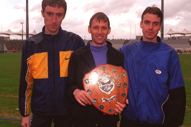 The 1998 winner of the Sheffield  Half Marathon Carl Thackery from Sheffield (centre) with 2nd place Ian  Fisher from Otley (left) and Rob Holliday from Rotherham (right)