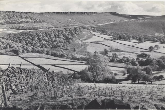 View above Hathersage with Stanedge in background and North Lees Hall (centre right).