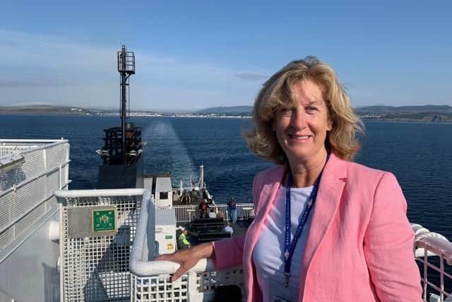 Freemason Jill in her day job as a tour manager. Here she is on board a ferry to the Isle of Man.