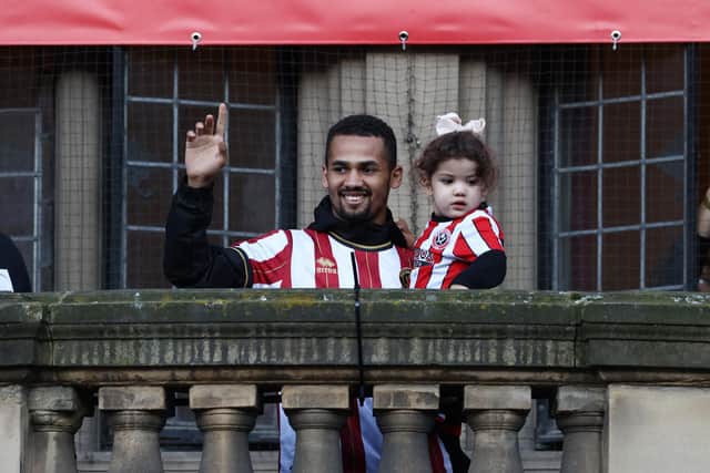 Iliman Ndiaye during Sheffield United's promotion party at Sheffield Town Hall: Darren Staples/Sportimage