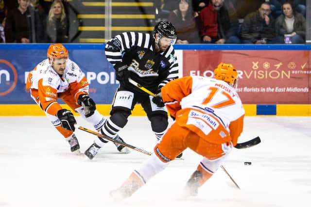 Sheffield Steelers' Keaton Ellerby and Evan Mosey try to snuff out danger