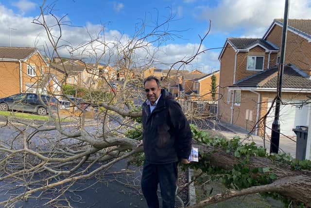 Councillor Shaffaq Mohammed says if he had got in his car five seconds later it would have been hit by the falling tree on Stoneacre Drive in Owlthorpe, Sheffield during Storm Malik on Saturday, January 29