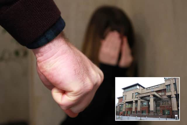 Sheffield Crown Court, pictured, has heard how a thug who attacked his wife has narrowly been spared from jail after his victim pleaded for mercy.