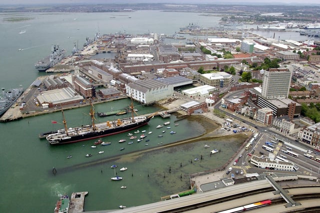 A view of HMS Warrior and the Dockyard from the very top of the Spinnaker Tower. 27th June 2003. PICTURE:STEVE REID(033176-34)
