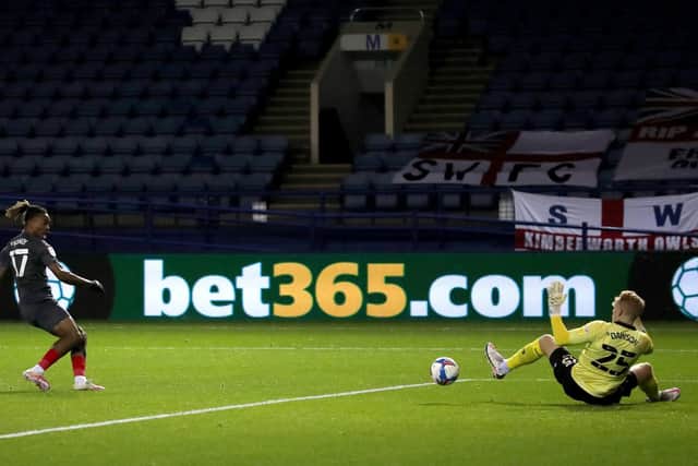 Ivan Toney of Brentford FC scores his sides first goal during the Sky Bet Championship match between Sheffield Wednesday and Brentford at Hillsborough Stadium . (Photo by George Wood/Getty Images)