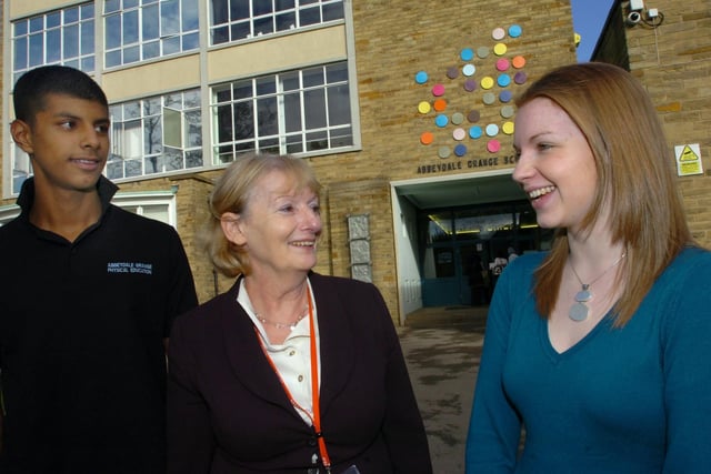 Rashid Hussain (one of the pupils who chose the design), headteacher Cate Bull and designer Laura Fotherby are pictured outside Abbeydale Grange School in October  2007